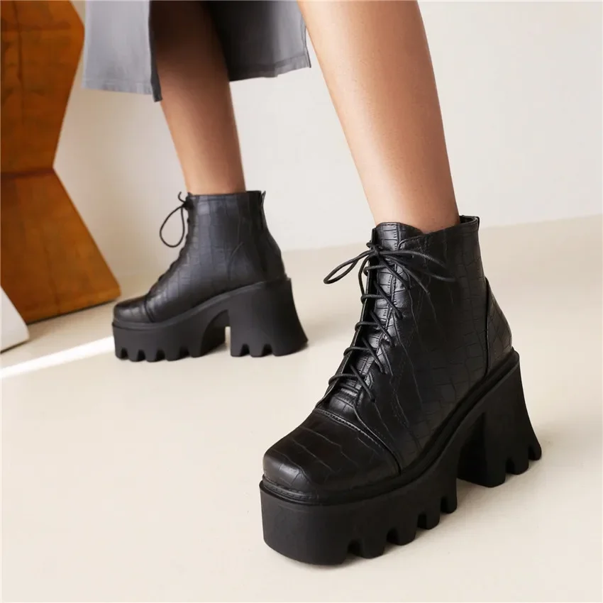 British Autumn Winter Ankle Boots Women Red Black Crocodile Microfiber High Thick Heel Party Dress Lady Square Toe Lace-up Shoes