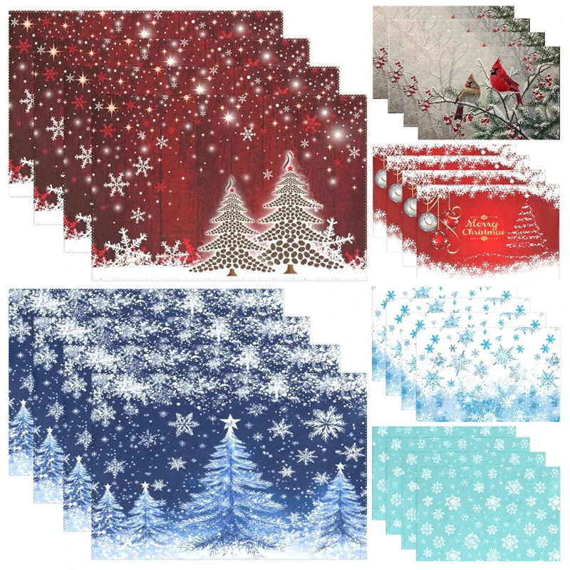 

Christmas Tree Snowflake Print Linen Placemats Christmas Kitchen Dish Heat Insulation Anti-slip Mat Desktop Protector