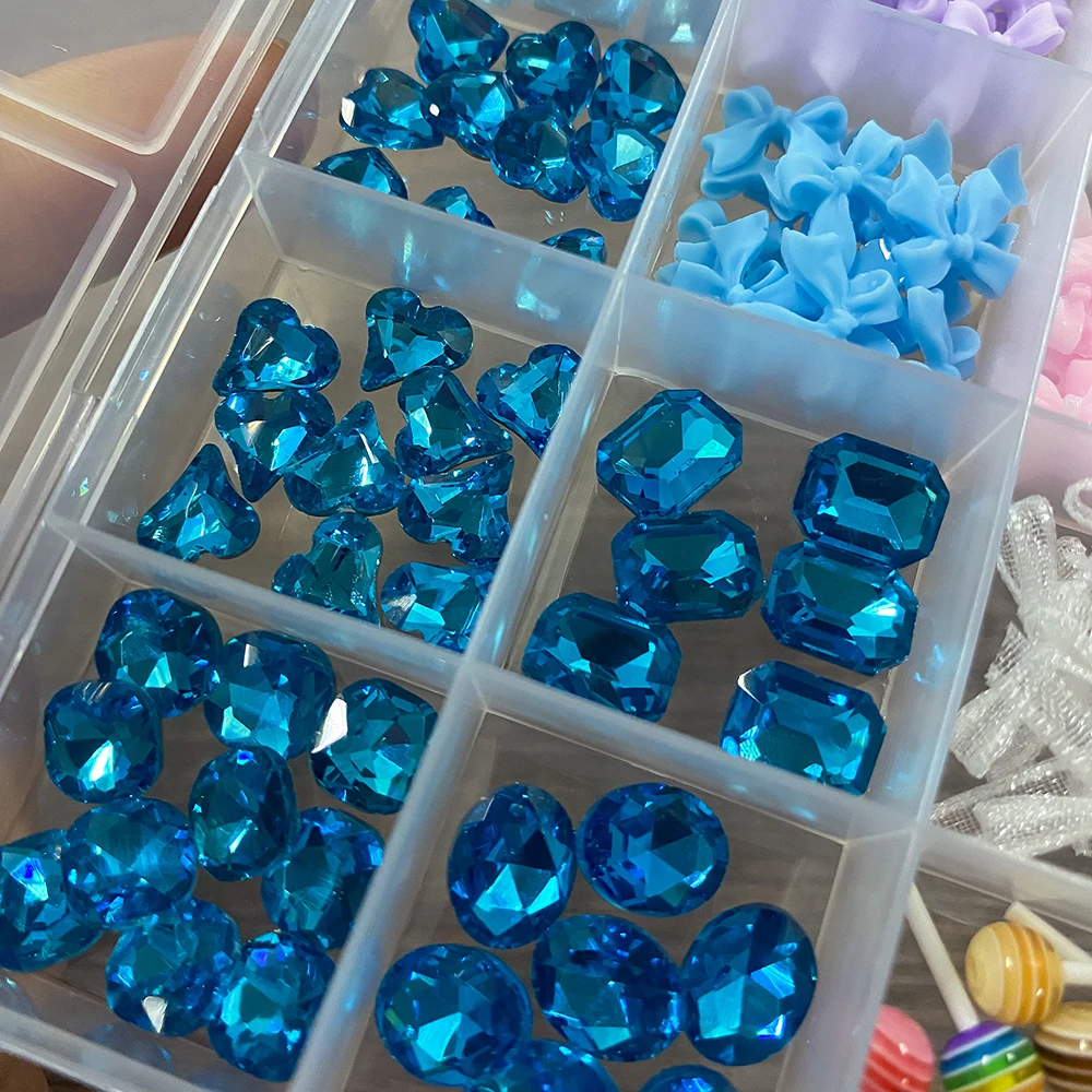 12 rejillas 3D gema azul/najarita/luleta dijes para decoración de uñas cinta de Organza mixta corazón cuadrado diamante decoraciones para uñas DIY y