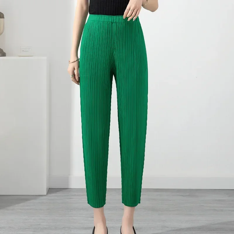 Spring Summer Women Pleated Split Elastic Waisted Pants Girls Loose Large Size Slim Fit Purple Green Straight Pants Trousers