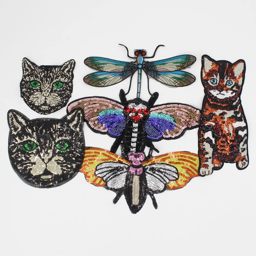 2pcs Embroidery Sequined Bead Dragonfly Patches for Jeans,Sequin Cat Appliques Badges Jackets Sewing Accessories