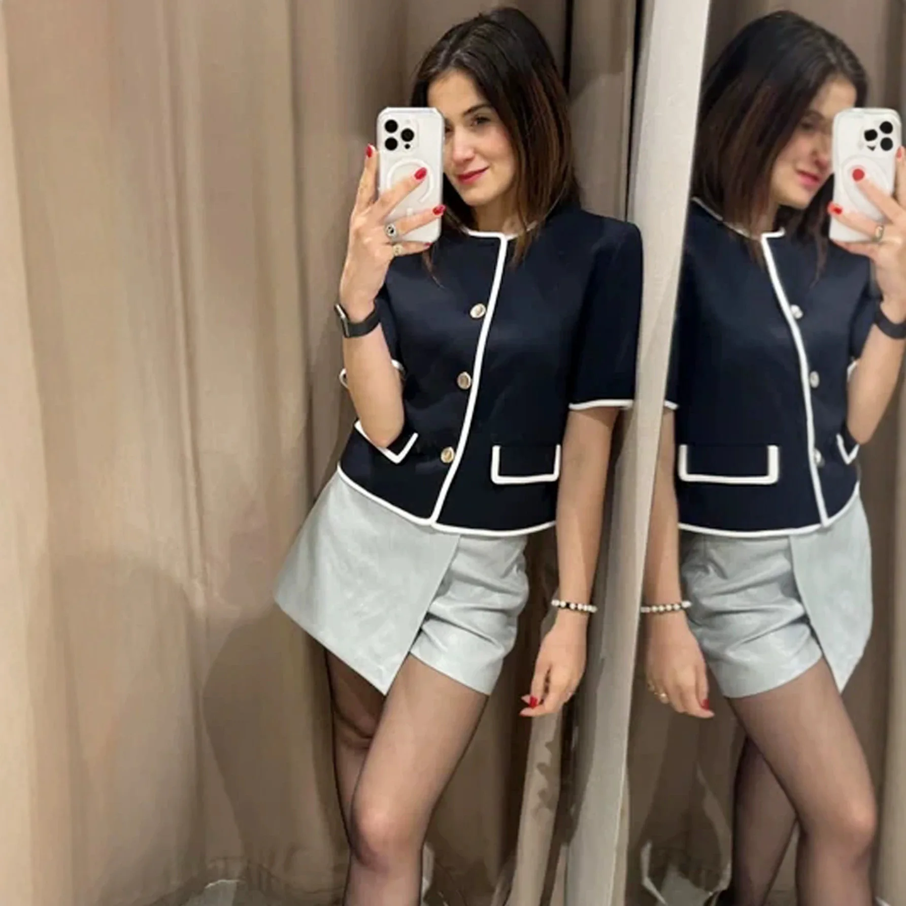 

Short sleeved suit jacket for women contrasting colors spring and summer top round neck slimming suit