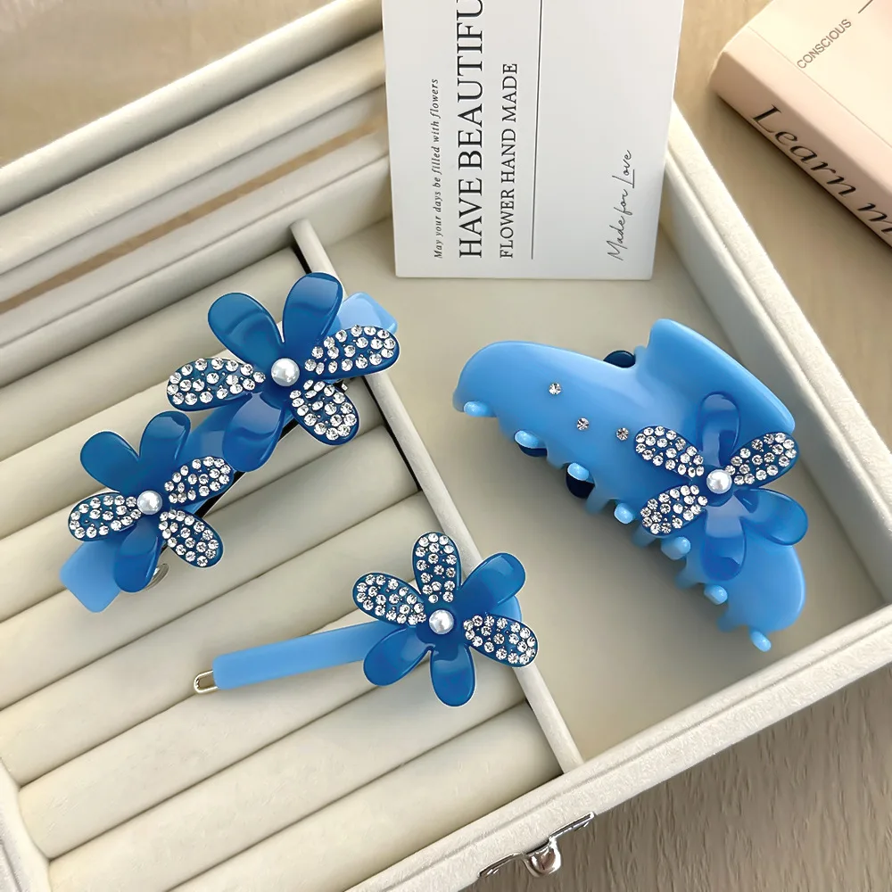 New Creative Design Geometric Delicate Flower Sea Blue Hair Clip Hair Claw High Quality Acetate Rhinestones Shark Clip Side Clip