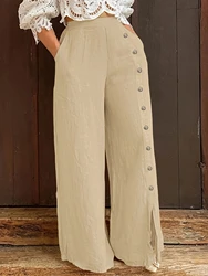 Plus Size Women Fashion Elastic Waist Pocket Wide Leg Pants Casual Solid Loose Female Elegant All-Match Long Trousers