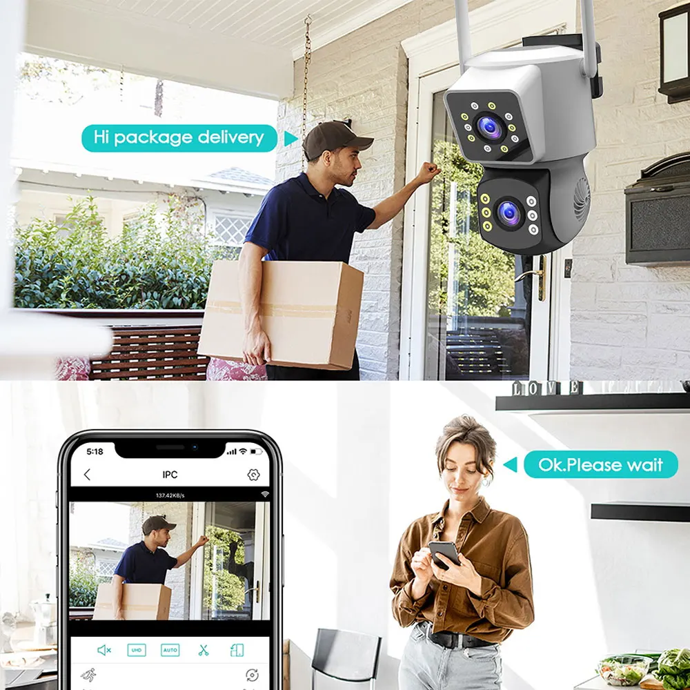 4MP IP Camera PTZ Outdoor Dual Screens Human Detection CCTV Wifi Surveillance Camera 4MP Security Protection V360 Pro App