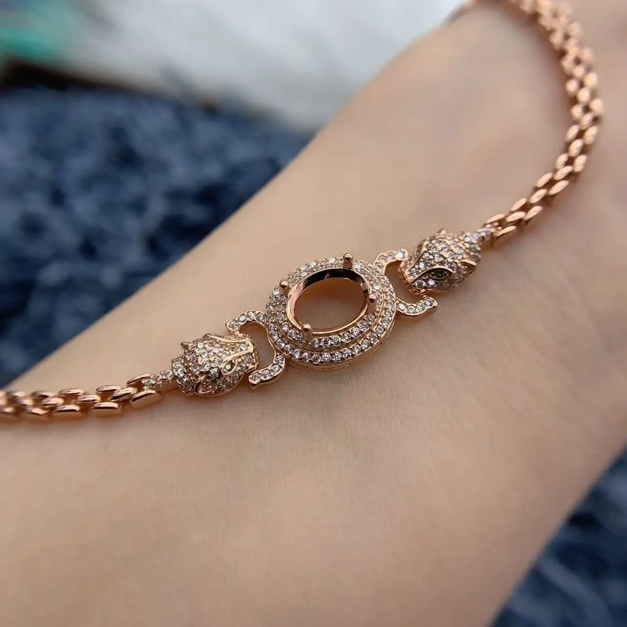 MeiBaPJ Inlay 8*10mm Oval Stone S925 Sterling Silver DIY Empty Bracelet Holder Leopard Head Women Fine Charm Weddings Jewelry
