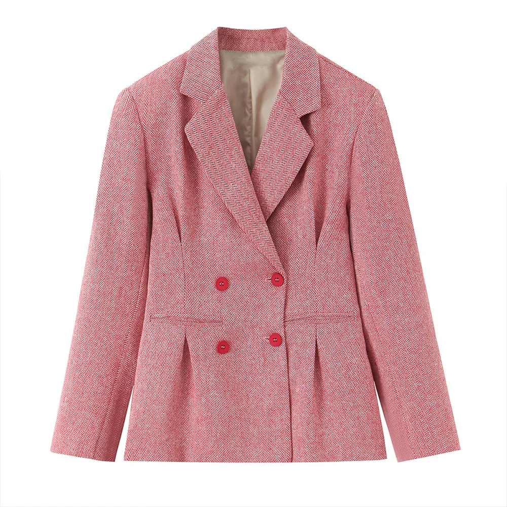 

European and American style new women's fashion versatile pleated double-breasted casual herringbone lapel suit jacket