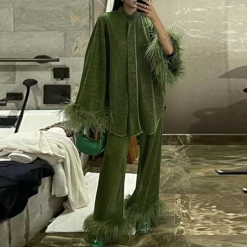 

Nice Women's Stand Collar Long Sleeved Top And Pants Suit Elegant Button Solid Outfits New Autumn Fashion Feather Patchwork Part