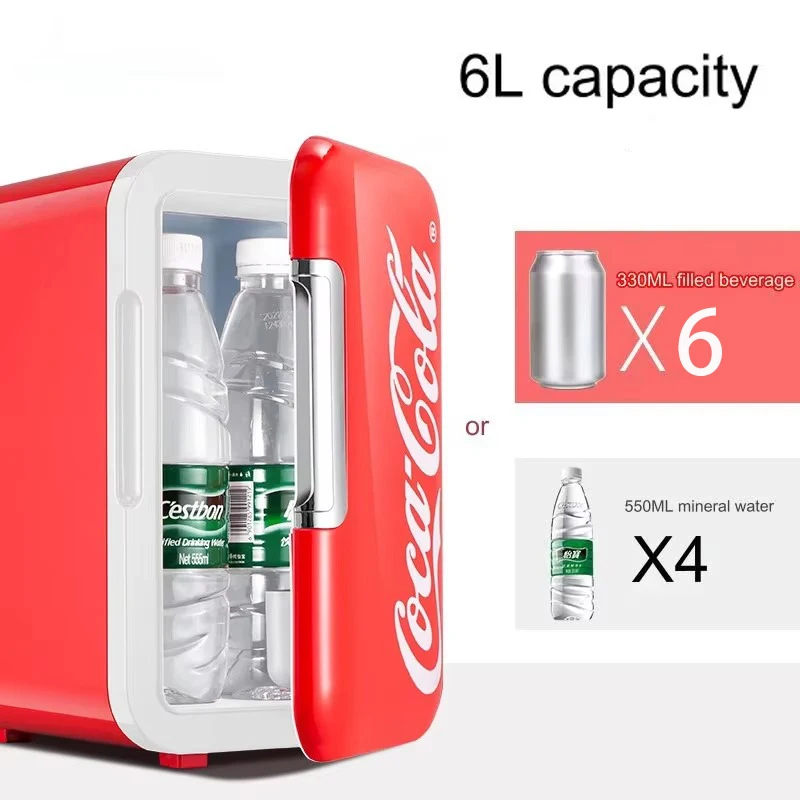 Mini frigorifero da 6 litri Coca-Cola multifunzione cosmetico dormitorio scaldino frigorifero per auto domestica piccolo frigorifero portatile