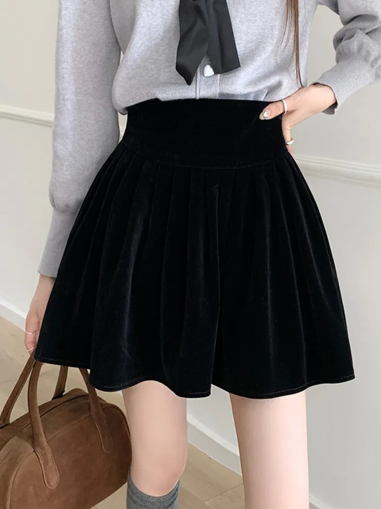 Spódnica damska z wysokim stanem, aksamitna, w kratę, trapezowa, w stylu koreańskim, do pracy, jednolita, codzienna, z wysokim stanem, z włókna poliestrowego.