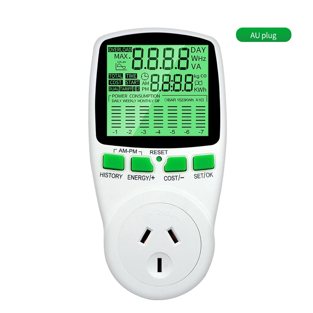 Digitaler Spannungs-Wattmeter, US/UK/EU-Steckdose, Energiezähler, Leistungsmesser für Wattzahl, kWh-Leistungsmesser mit Hintergrundbeleuchtung – Detail 13