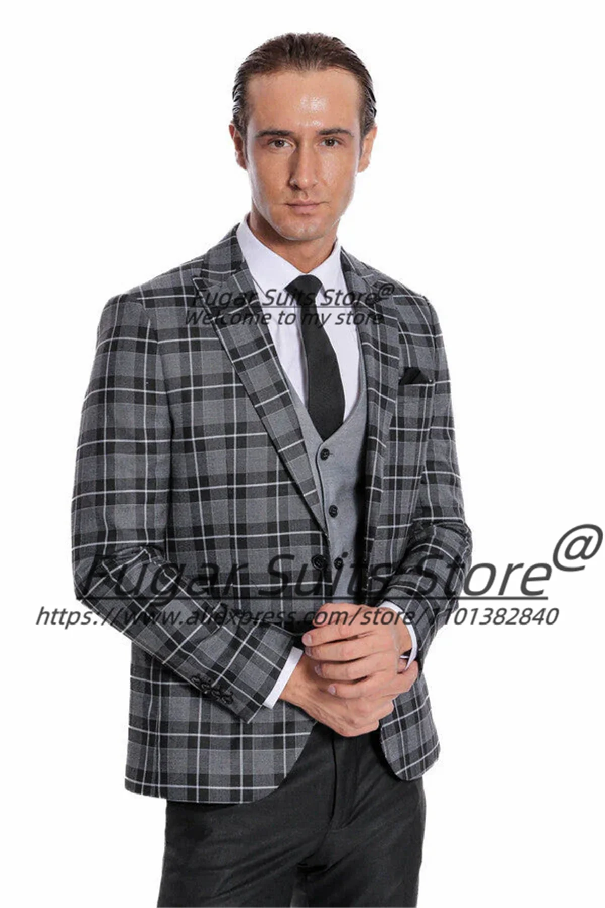 

French style Plaid Men Suits Customized Slim Fit Peak Lapel Groom Wedding Tuxedos 3 Pieces Sets Male Prom Blazers Ropa Hombre