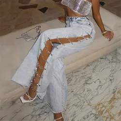 Crystal Chain Women Wide Leg Baggy Jeans High Waist Hollow Out Summer Pants Denim Trousers Y2K Streetwear Side Split Loose Jeans