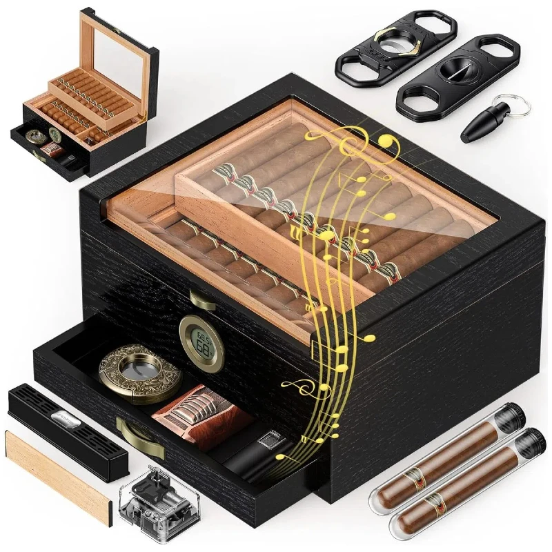 Cigar Humidor with Built-in Music Box System and Cedar Wood Tray-Transparent Top Desktop Humidor Digital Hygrometer & Humidifier