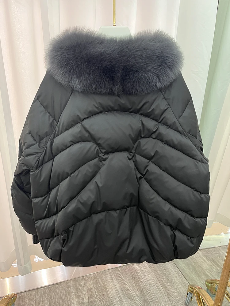 Cappotto da donna invernale alla moda Piumino spesso in piuma d'oca bianca da donna con collo in vera pelliccia di volpe femminile caldo streetwear