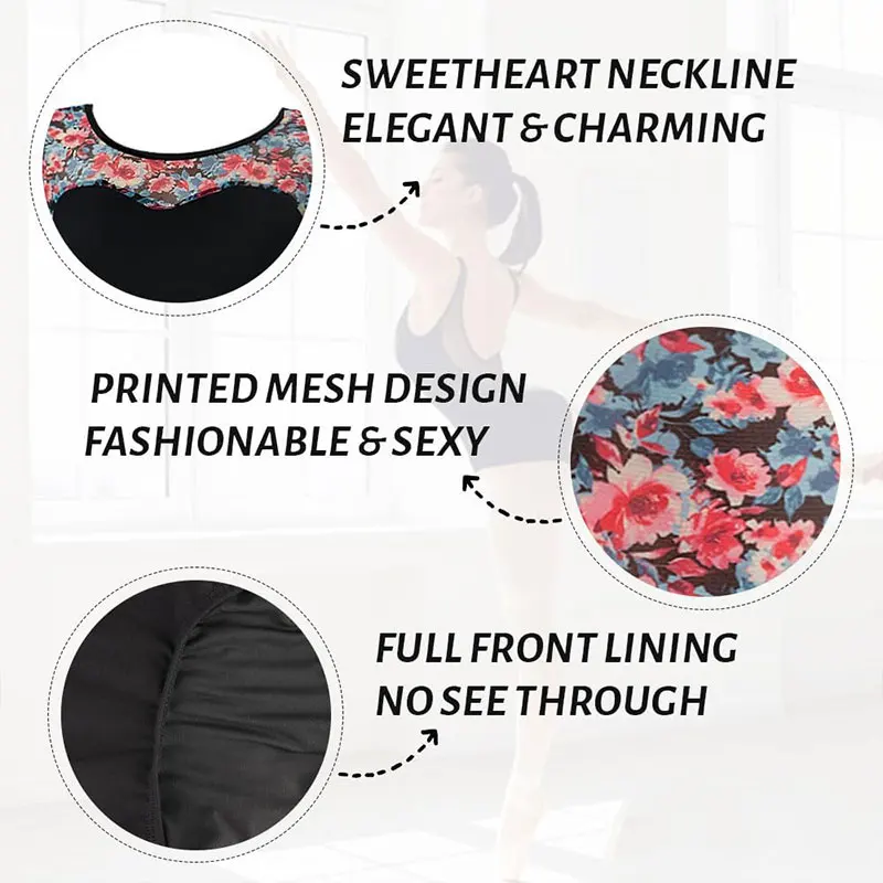 بدلة رقص باليه نسائية سوداء بأكمام قصيرة مع شبكة مطبوعة مطاطية متينة وخط عنق على شكل قلب ملابس باليه