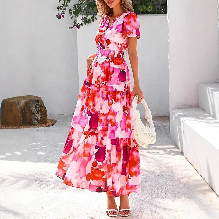 Sexy V Neck Short Sleeve Floral Print Boho Party Dress Summer Women Beachwear Sand Vestidos Elegant Vintage Dresses Robes 2025