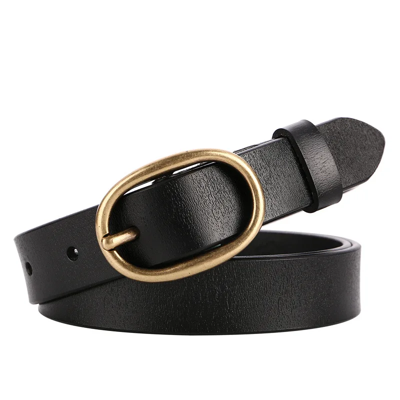 Damen-Gürtel aus echtem Leder, 2,3 cm breit, zweilagige Rindsleder-Metall-Dornschließe, schlichte Mode für Jeans – Detail 11
