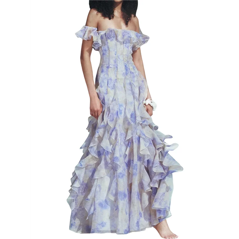 CGS-Womens Maxi Dresses Summer Off Shoulder Floral Dress Ruffle Beach Flowy Boho Wedding Guest Dress