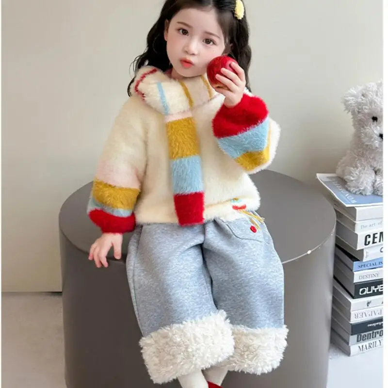 

Утепленный свитер для девочек, брюки, комплект из двух предметов, осенне-зимний шарф, топы, пуловер, прямые брюки, детская кавайная новая повседневная одежда