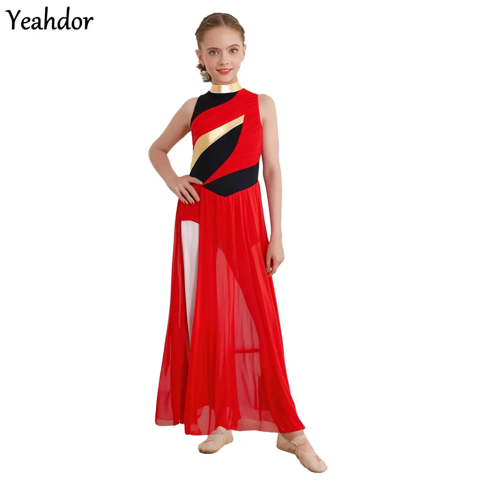 

Girls Color Block Lyrical Dance Leotard Dress Sleeveless Ruched Mesh Split Skating Gymnastics Modern Contemporary Dance Costume