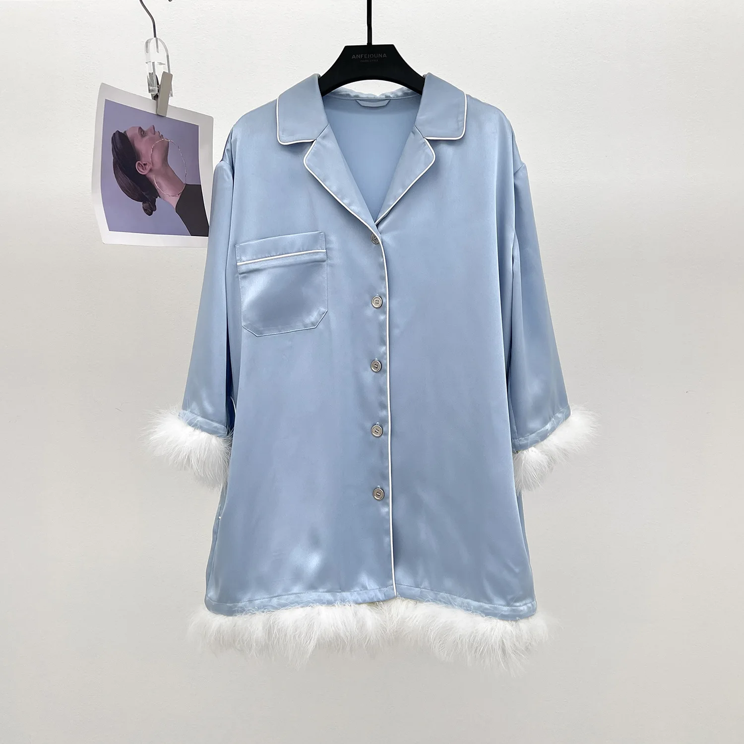 

2025 New Slim Smooth Lustrous Satin Bedding Style Detachable Feathers Long-Sleeved Women's Mid-Length Shirt ladies tops