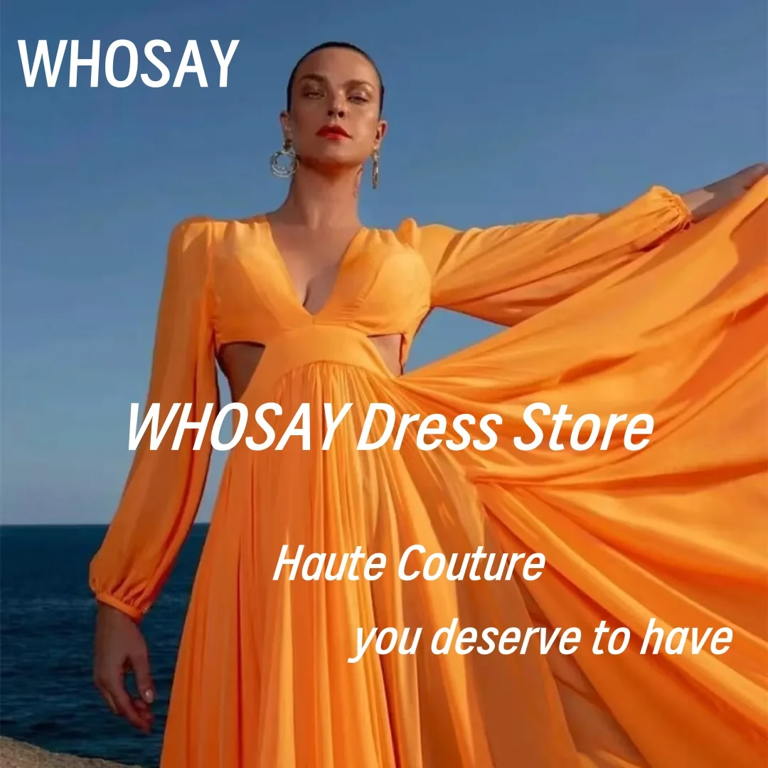 WHOSAY V Neck Prom Dresses Sexy Cutaway Side Slit Chiffon Evening Dress Long Sleeves Wedding Party Gowns Customized