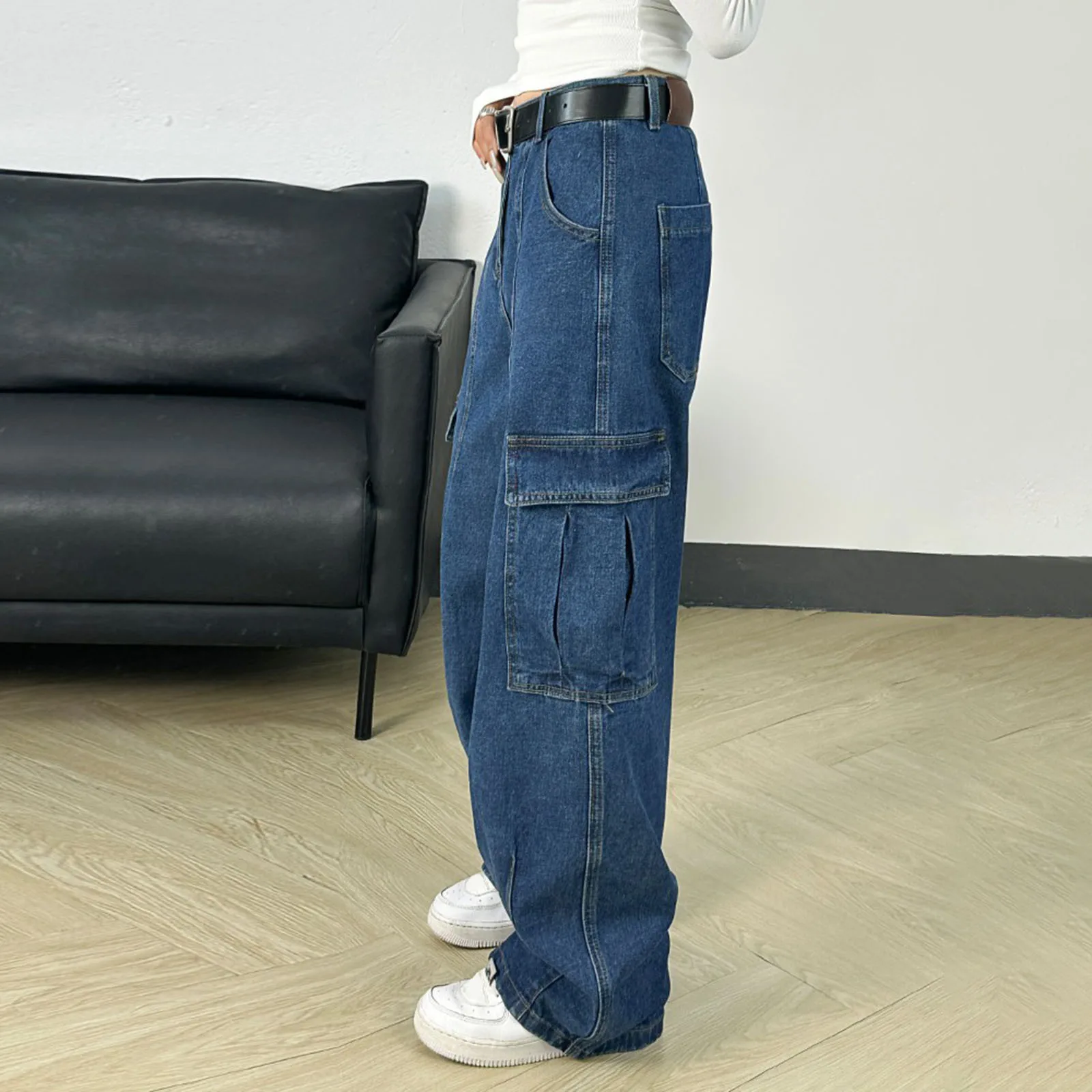 Vintage cargo jeans Koreaanse stijl rechte pijpen casual grote zak ontwerp 2025, nieuwe trendy denim broek vrouw denim broek