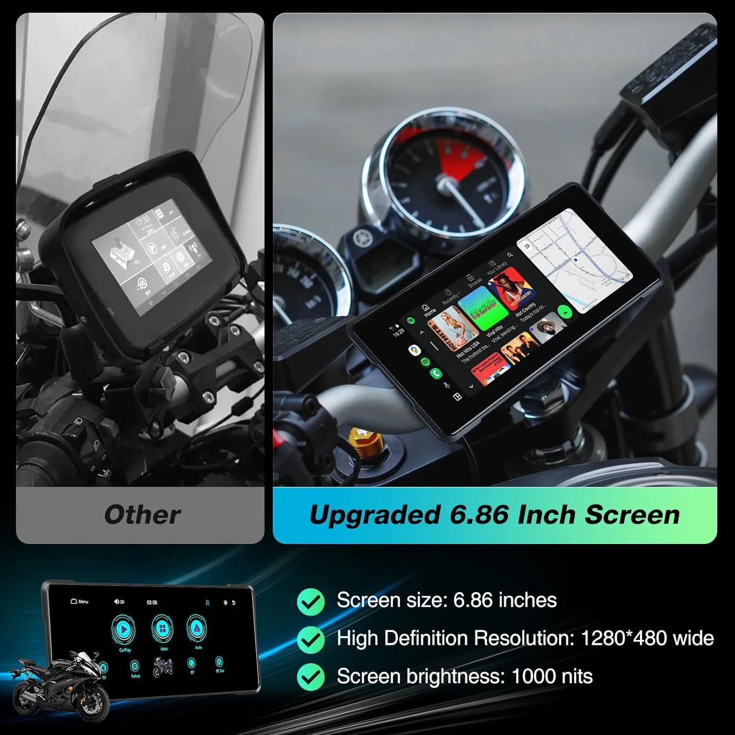 Jansite Motorcycle DVR IPX7 Waterproof Wireless Carplay Android Auto Display IPS Screen Portable GPS Navigation Monitor