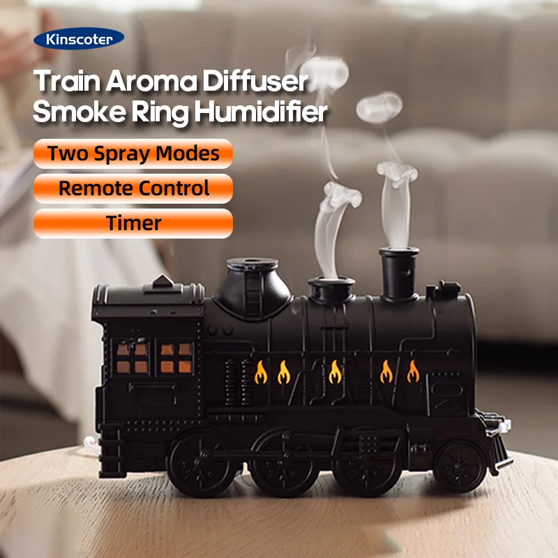 Retro Train Air Humidifier Essential Oil Ultrasonic Aroma Diffusers Fragrance Spray with LED Lamp and Remote Control for Bedroom