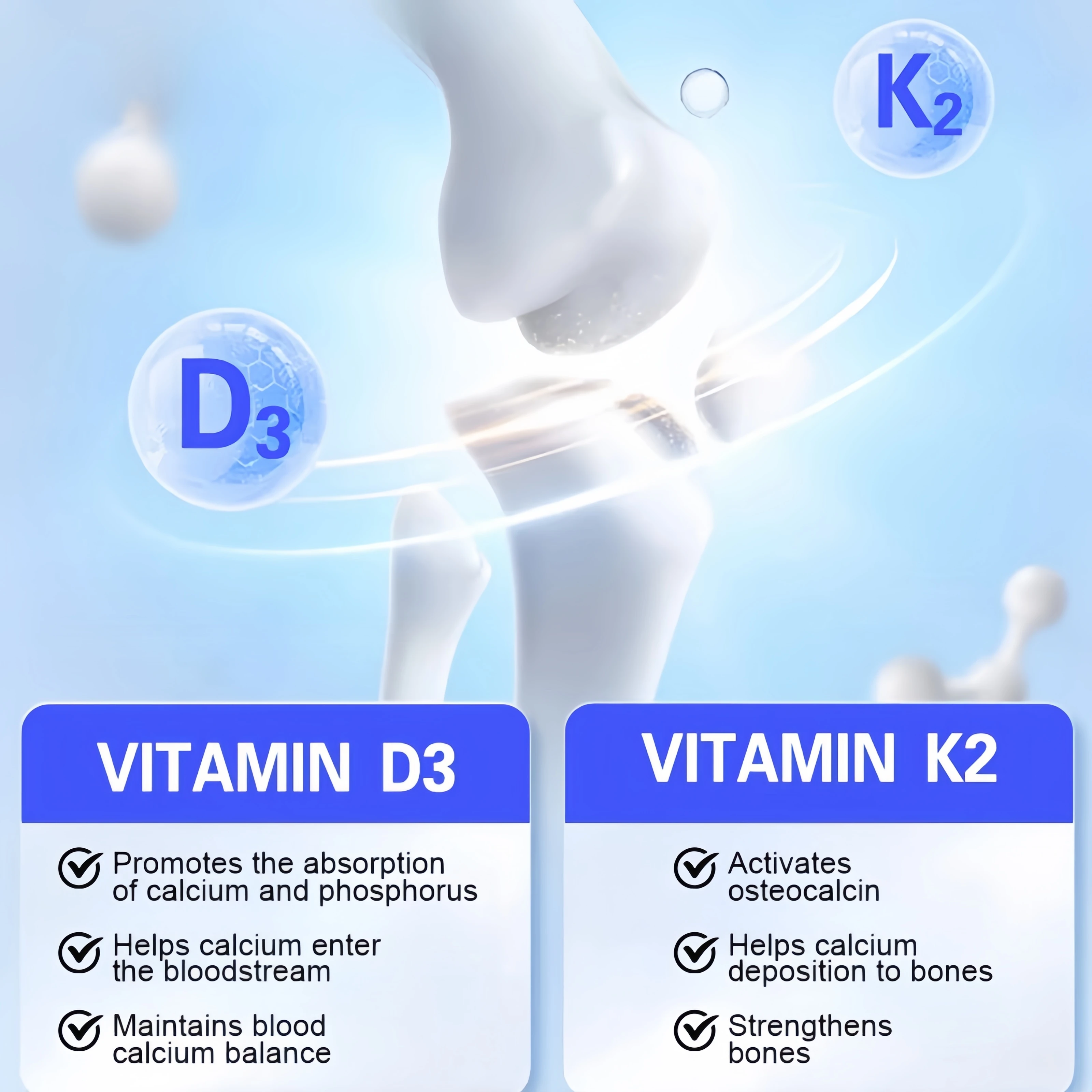 Vitamin D3+K2 Supplement to Support Joint, Bone and Immune Health Non-GMO formula easy-to-swallow vitamin D & K complex