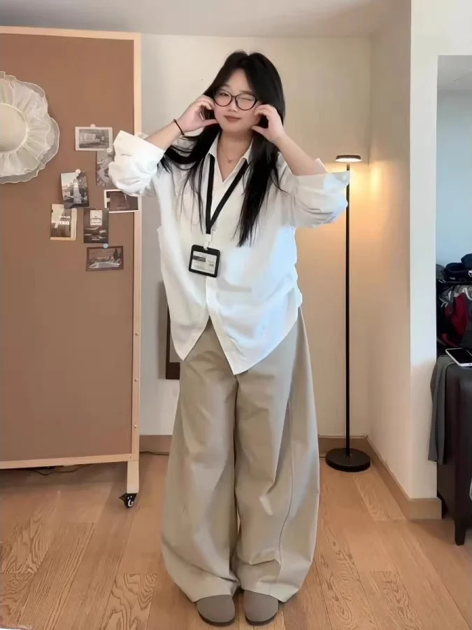 

plus Size Women's Korean Style White Long Sleeve Shirt Loose Fit Slimming Design Spring Commute Friendly Breathable Polyester