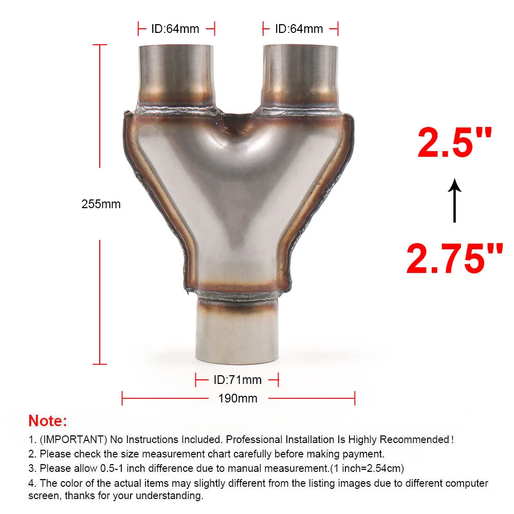 

Y Pipe 2.75" Single to 2.5''Dual Adapter Connector Stainless Steel Exhaust Reversible