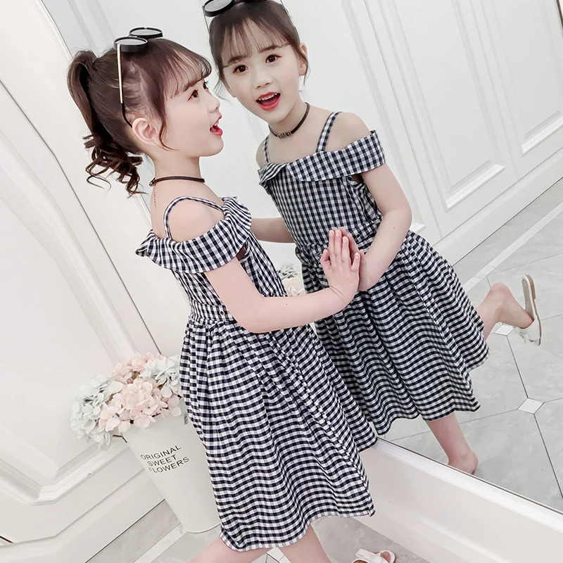 Girls' Dress2026New summer dress for older children, pure cotton off-shoulder suspender dress, stylish and elegant cotton prince