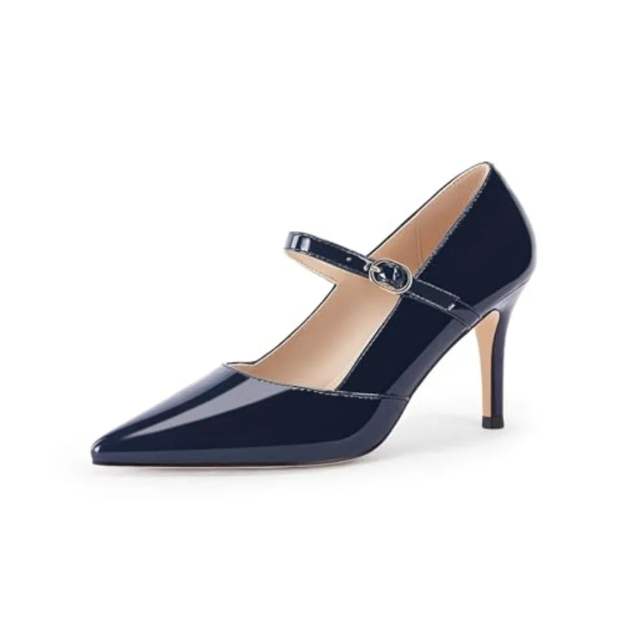 

Coutgo Womens Mary Jane Pumps Stiletto High Heels Closed Pointed Toe Buckle Strap Patent Leather Dress Wedding Party Shoes