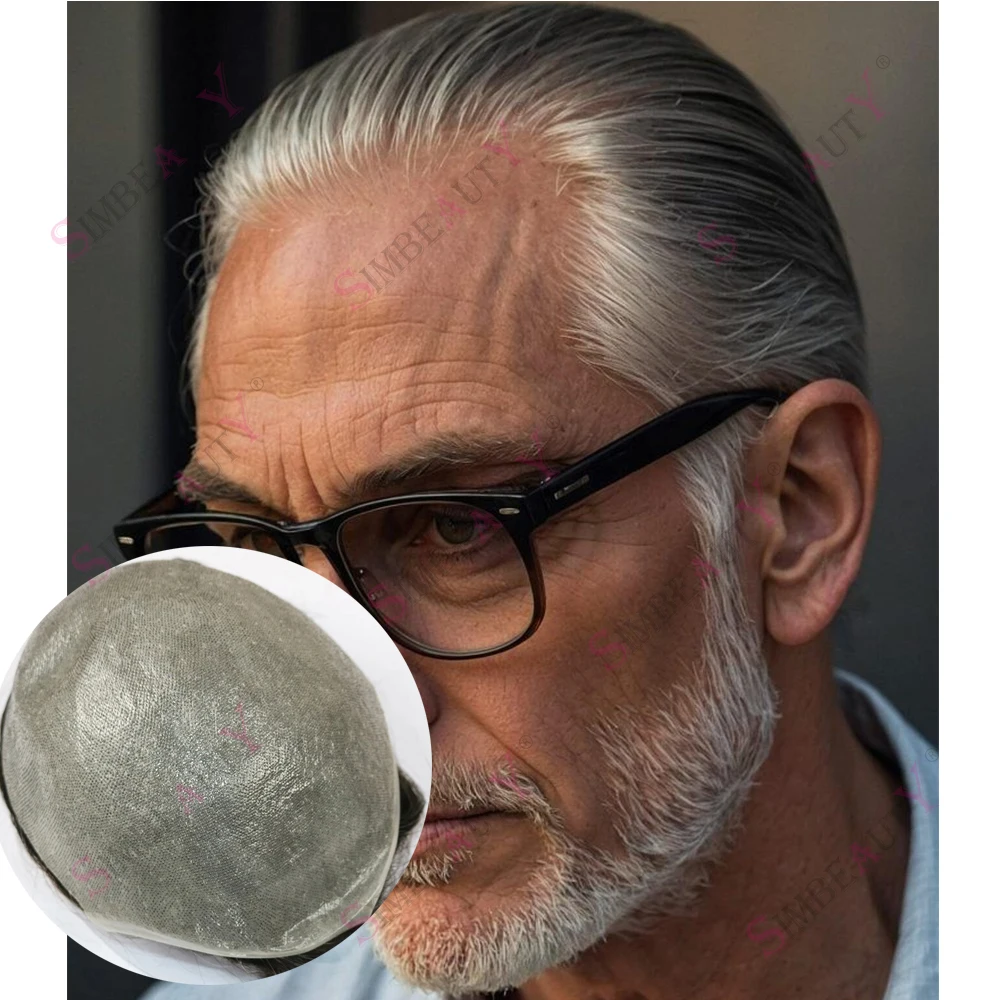 

Super Natural Hairline Low Density 0.02mm Ultra Thin Vloop Skin Undetectable Man Hairpiece 1b20 520# Black Grey HumanHair Toupee