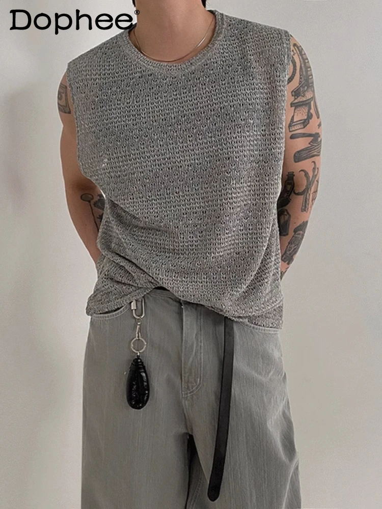 Men's 2025 Summer New Hollow Out Knitted Vests Loose Comfort Korean Version Trendy Niche Crew Neck Men's Sleeveless Tank Tops