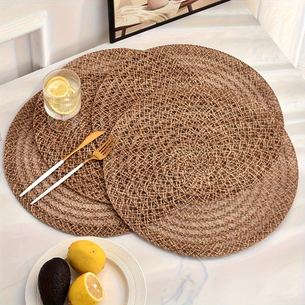 

6pcs Jute Placemats Natural Material Non-Slip Heat Resistant Round Placemat Woven Mats for Parties Wedding Kitchen Table Decor