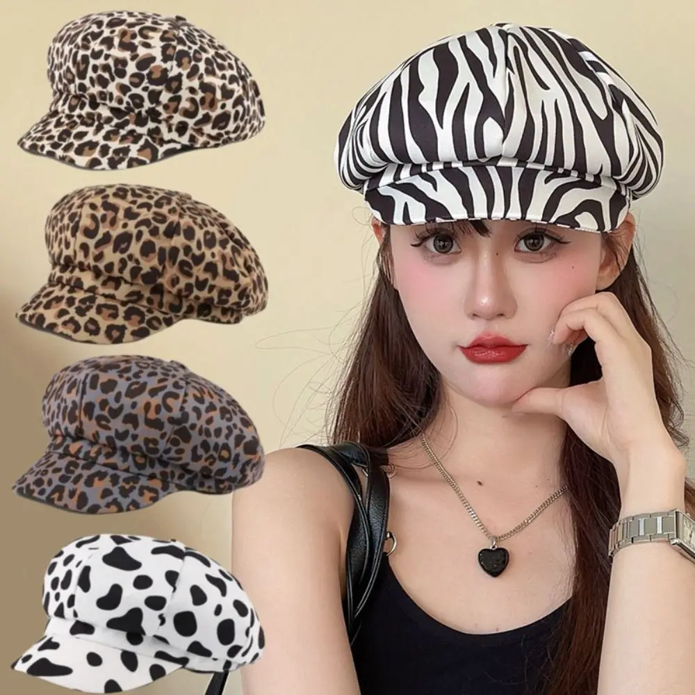 

Fashion Spot Leopard Print Octagonal Hat Polyester British Painter Hat Y2K Korean Style Women Beret Girl