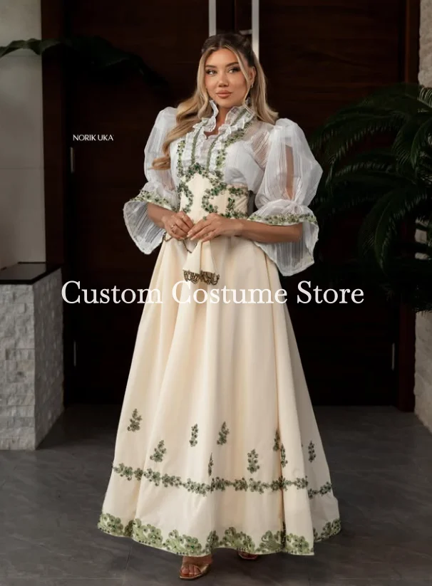 White Albanian Prom Formal Dresses with Long Sleeve Green Beaded Applique Traditional Kosovo Evening Party Guest Gown customized