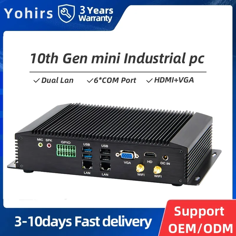 Yohirs 10th Gen Fanless Industrial Mini PC I7 10510U I5 2Lans 6COM GPIO PS/2 Computador de metal robusto Windows 10 Linux 4G LTE WiFi