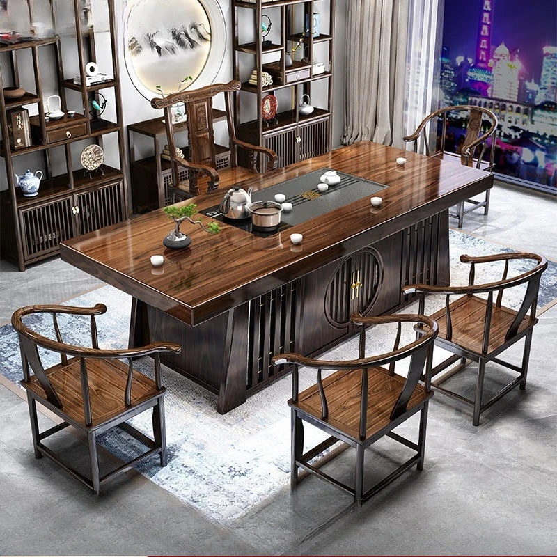 Combinación de mesa de té y silla de tablero grande de madera maciza, mesa de té y mesa de centro para oficina en casa, un juego completo