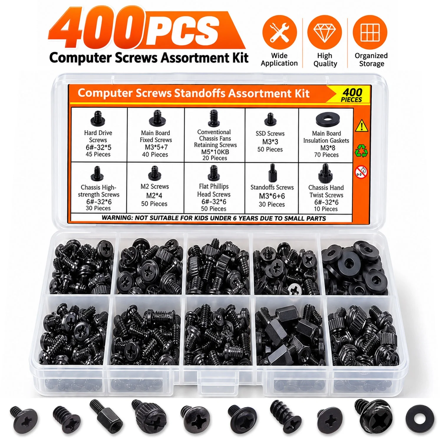 400PCS Computer Screw Kit, Motherboard Standoffs & PC Case Screws Assortment for SSD, HDD, Fan & Mainboard