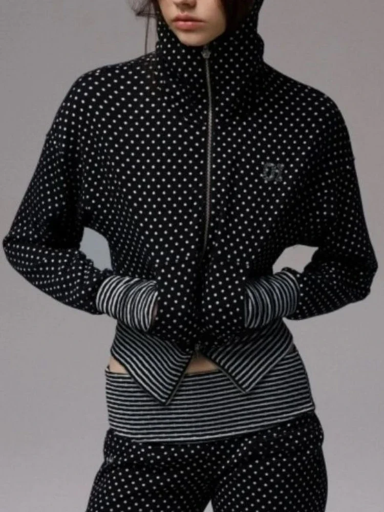 

Harajuku Y2K Hoodie Women, Polka Dot Patchwork Stripe Slim Fit Sweatshirt with Dual Zippers