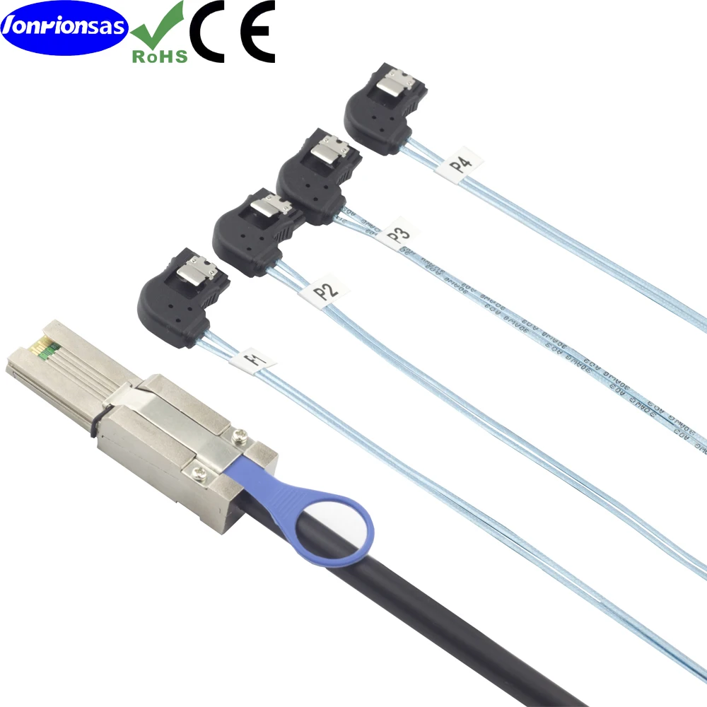 Mini SAS HD SFF-8088 26P macho a 4 SATA 7Pin hembra Cable de ángulo recto