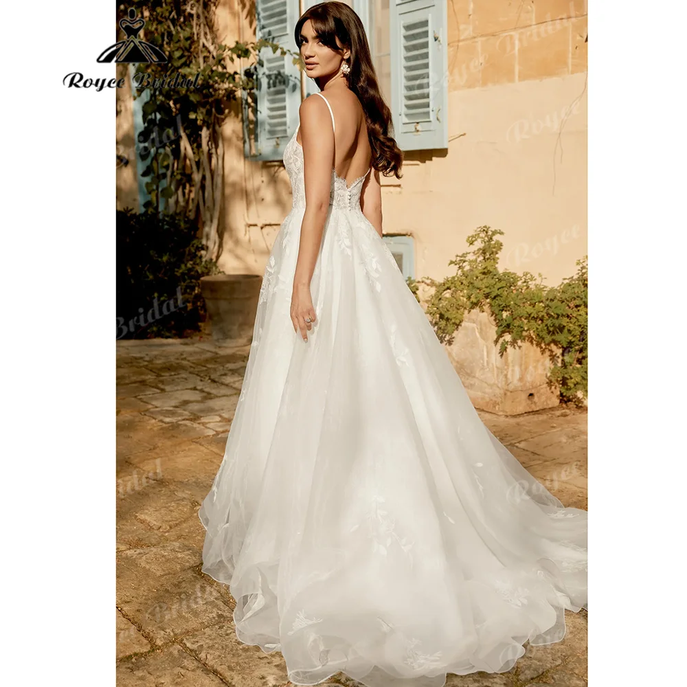 Roycebridal Thin Strap Leaf Lace A Line Wedding Dress Deep V Low Back Lace Applique Court Train Vestido De Novia Customized