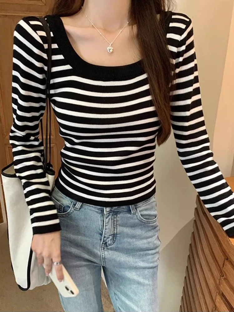 

Женский вязаный свитер с длинным рукавом и U-образным вырезом в полоску, корейский стиль, легкий, для весны и осени, повседневный топ для ношения под одеждой