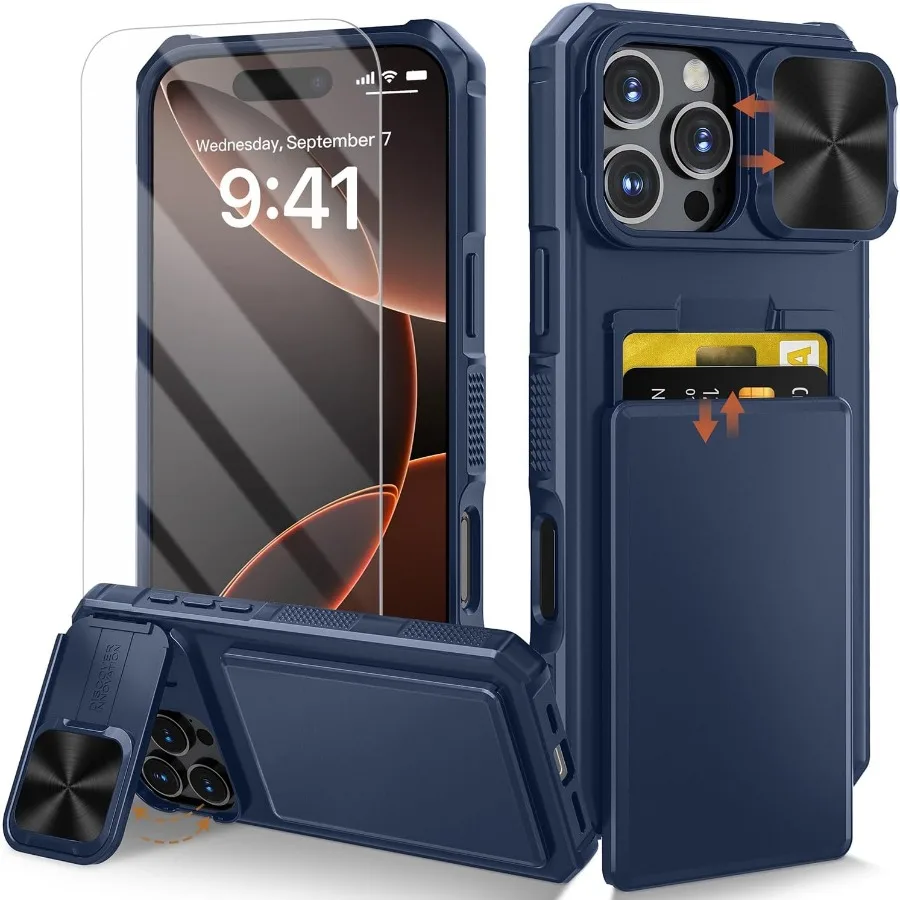 

Защитный чехол 5 в 1 для iPhone 16 Pro Max со встроенным держателем карты, слайд-крышка для камеры, подставка, держатель для селфи, комбинированный и 1X 9H T