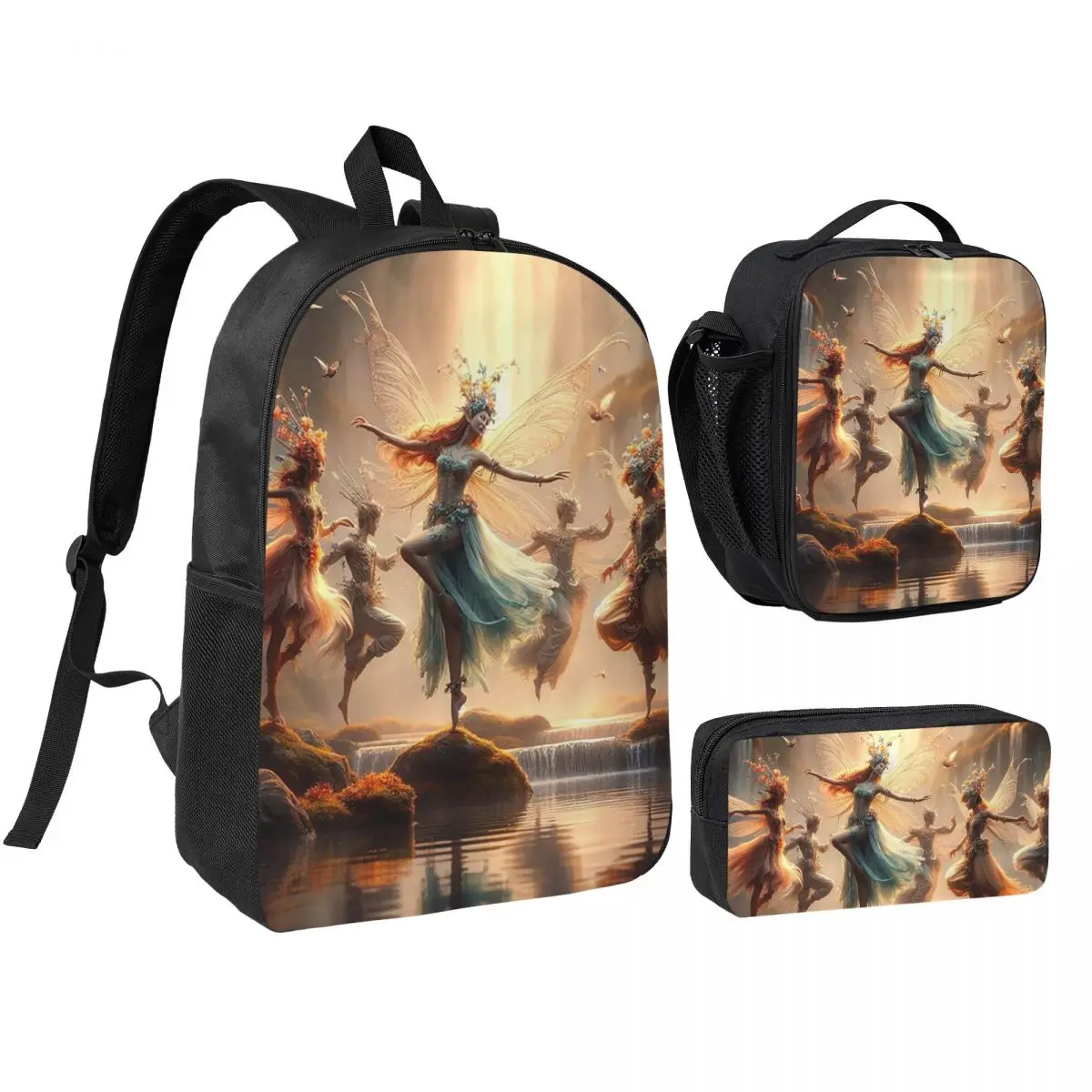 Flower Fairies Dancing Backpack Student BookBag School Bag Shoulder Bags 3ps Insulated Lunch Bag Pencil Case