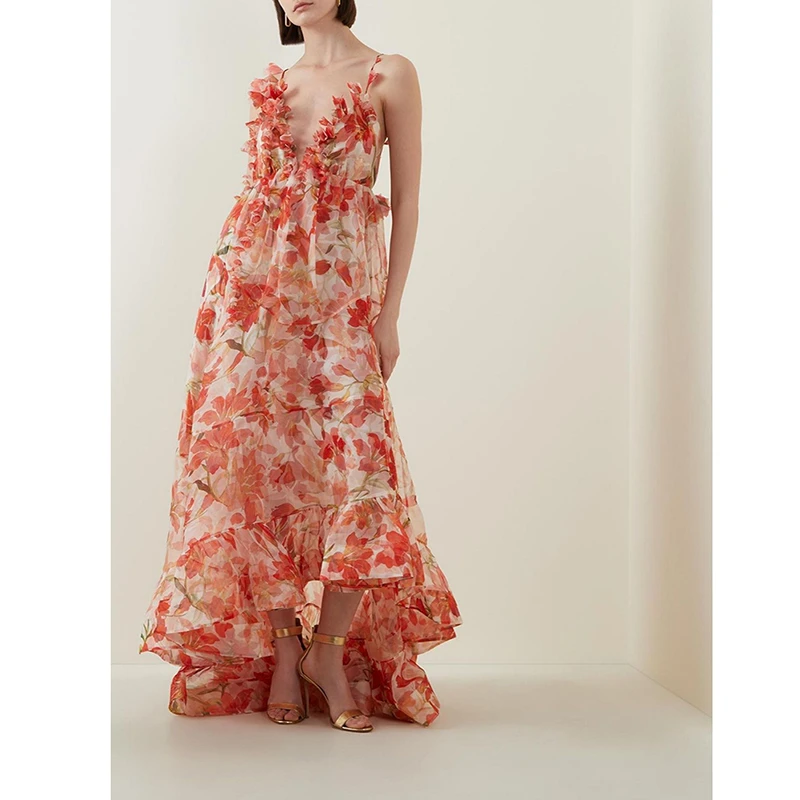 

New Arrival Beach Style Women Spaghetti Strap Camisole V-neck Dress Floral Patchwork Sleeveless A-line Ankle-length Dresses Y87
